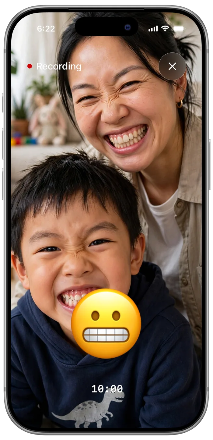 Mother and son recording together, matching a teeth-grimacing emoji