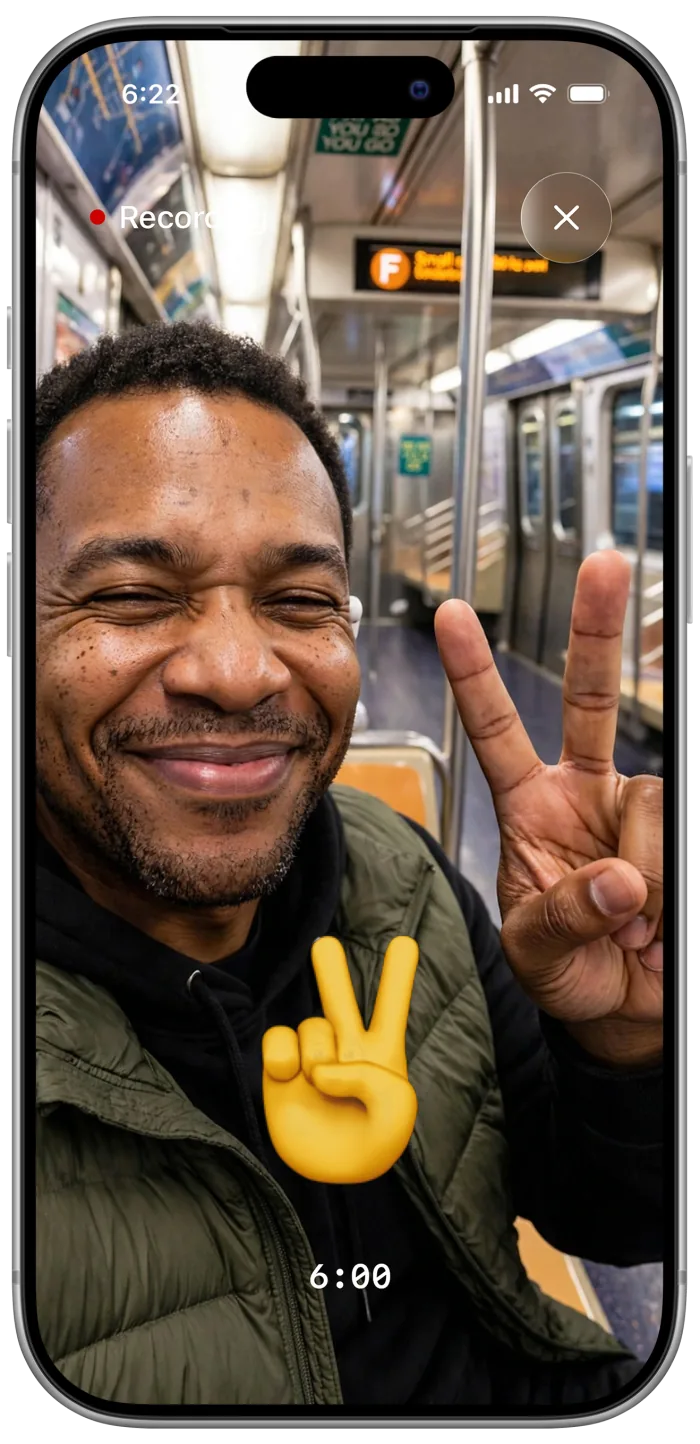 Man on the subway making a peace sign to match the prompted emoji