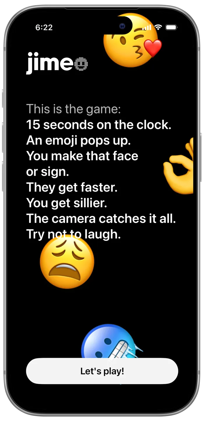 Jimeo's opening screen explaining the rules: 15 seconds on the clock, an emoji pops up, you make that face or sign before the camera catches it