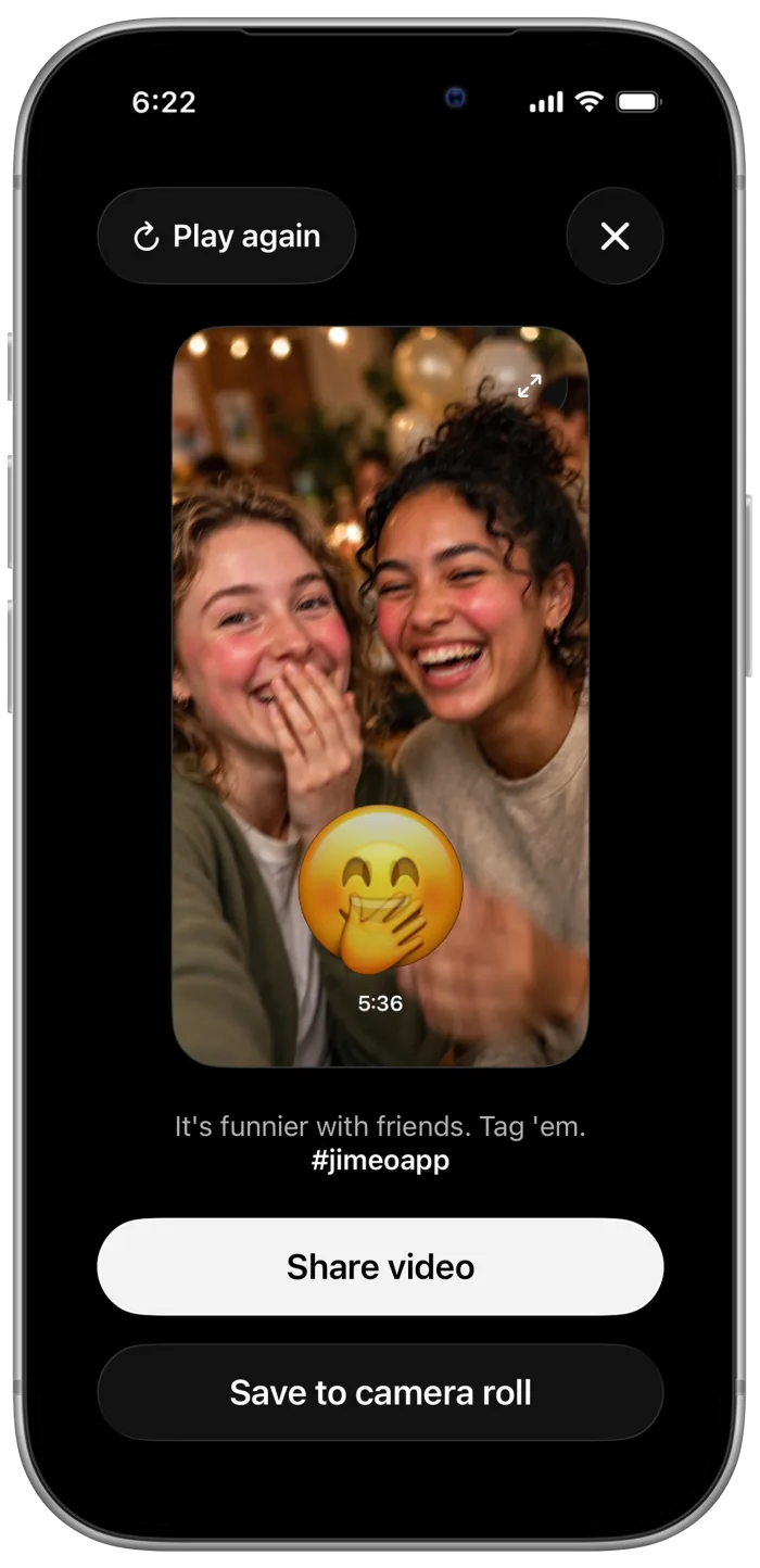 Jimeo's end screen: play again, share the video, or save it to your camera roll